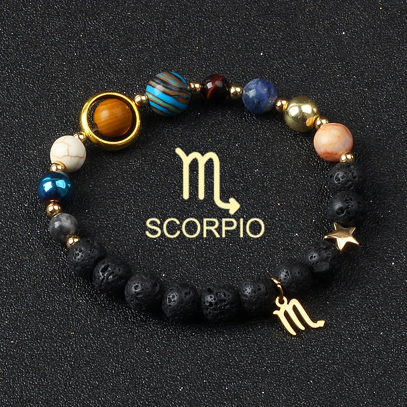 Eight Planets & Twelve Zodiac Beaded Bracelet, Natural Stone Cosmic Astrology Talisman