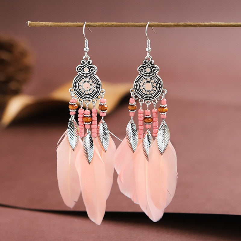 Vintage Bohemian Ethnic Style Earrings Long Rice Bead Tassel Earrings FOR WOMEN Alloy Dripping Oil Long Tassel Earrings - Charlie Dolly