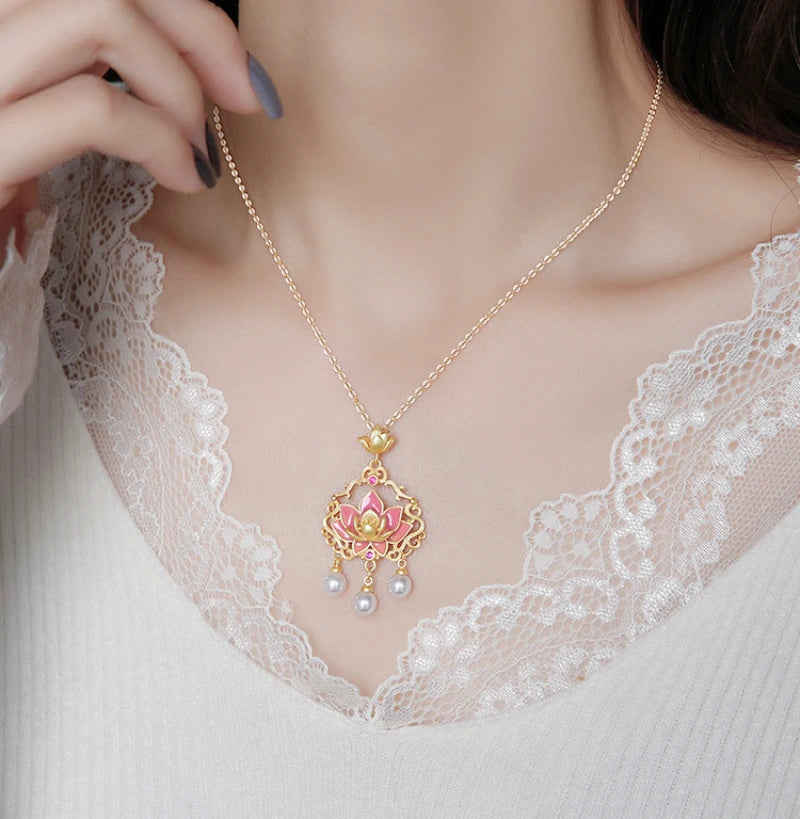 Pink Lotus Ruyi Lock & Pearl Tassel Enamel Necklace, Buddhist Blessing Talisman