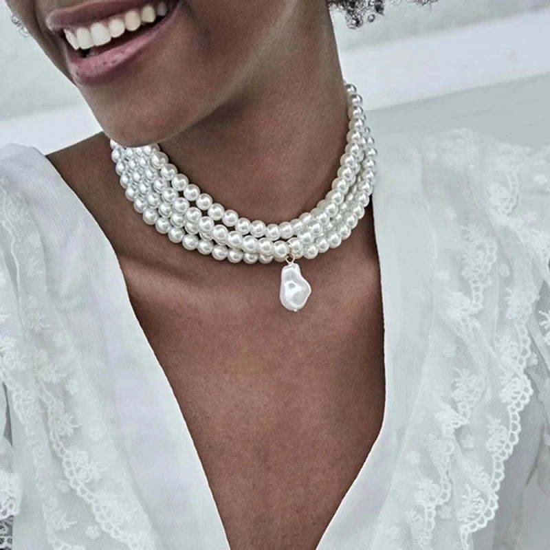 Baroque Pearl Layered Strand Boho Choker Wedding Necklace