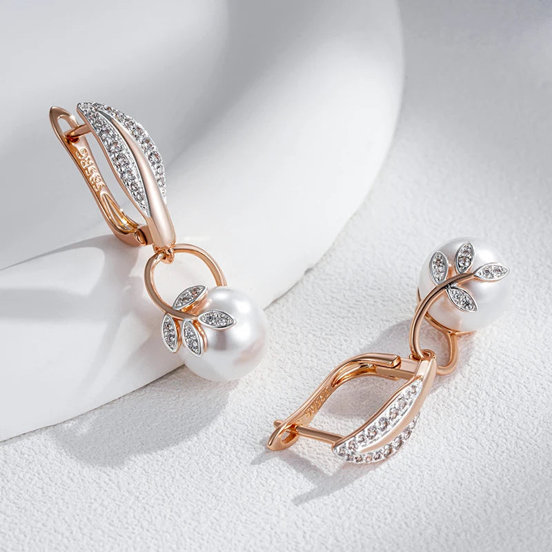 Crystal Flower Pearl Rose Gold Drop Earrings Jewelry