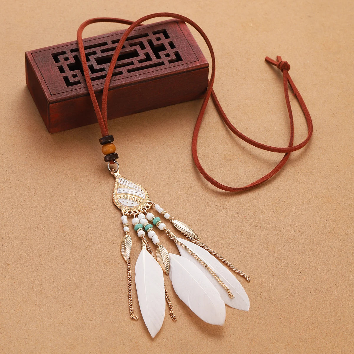 Rope Bead Feather Pendant Long Necklace Jewelry