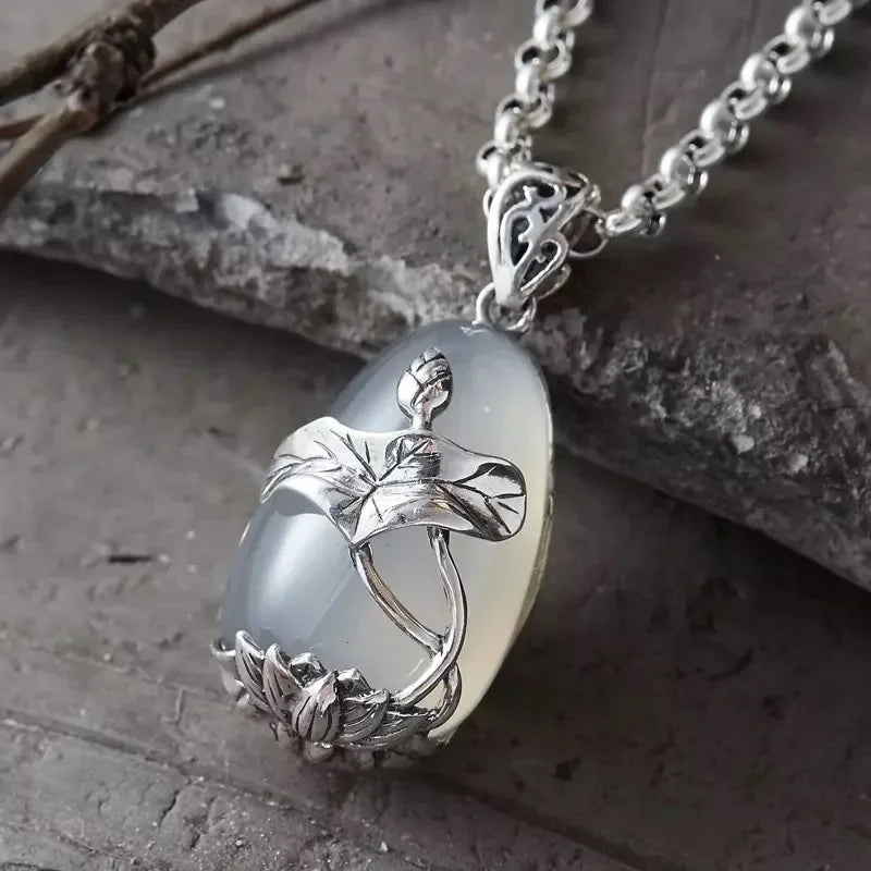 925 Silver Ice Jade Koi & Lotus Pendant Necklace, Original Designer Vintage Talisman