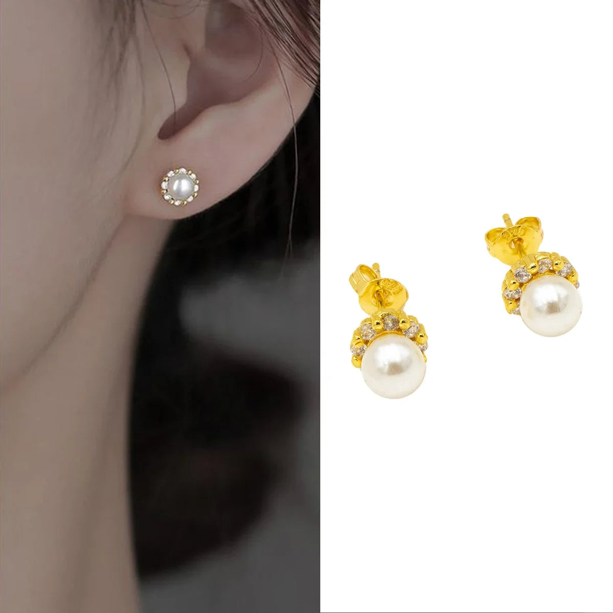 Pearl Zircon Gold Stud Earrings Jewelry