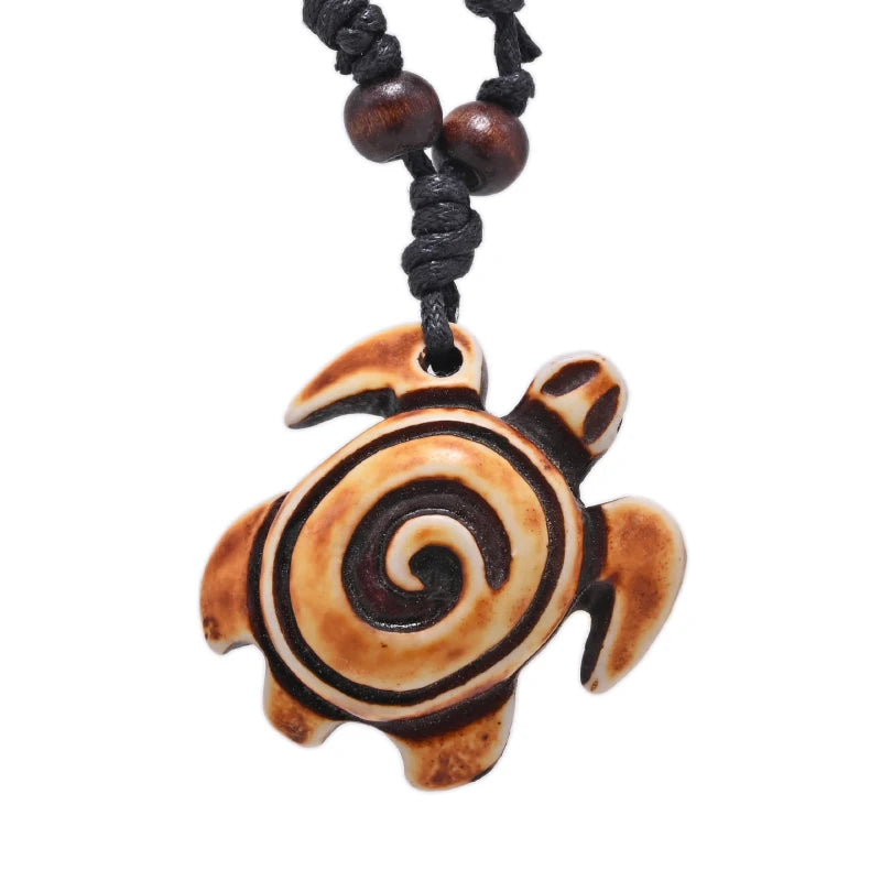 Sea Turtle Bone Pendant Wax Cord Necklace Jewelry