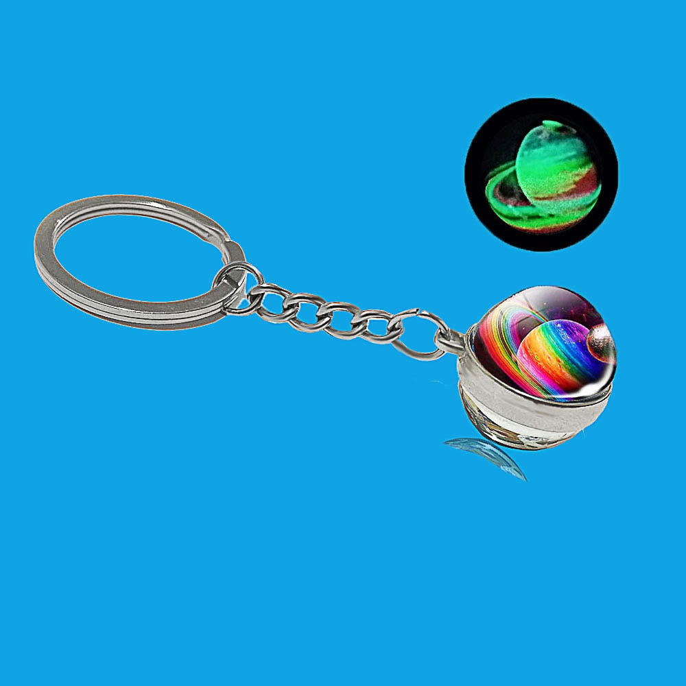 Glow In The Dark Solar System Galaxy Planet Keychain Jupter Moon Earth Mars Sun Nebula Double Side Glass Ball Key Chain Pendant