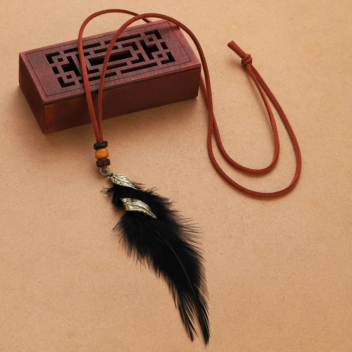 Rope Bead Feather Pendant Long Necklace Jewelry