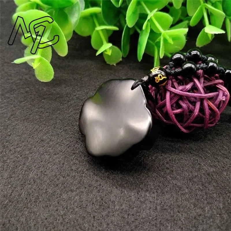 Natural Obsidian Rose Flower Pendant, Hand-Carved Lucky Amulet