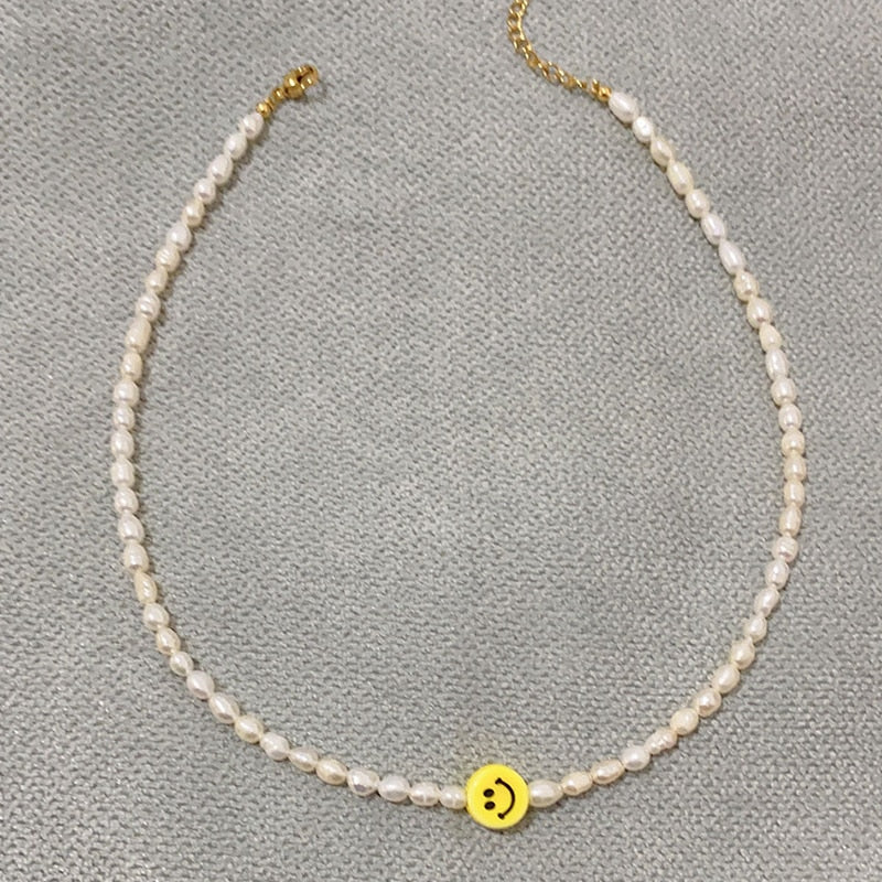 Goth freshwater pearl necklace women yellow smile beads coral Vintage Multi Layer Link Chain Necklace Punk Aesthetic Jewelry
