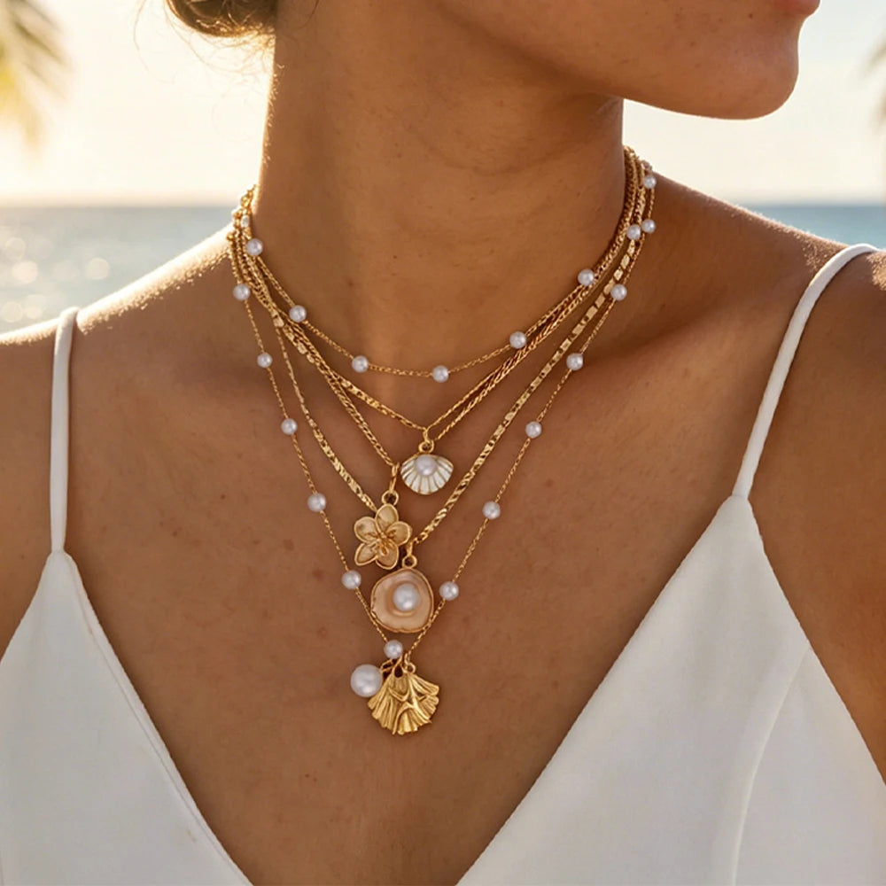 Starfish, Shell and Pearl Flower Boho Necklace Set (5 Pieces)