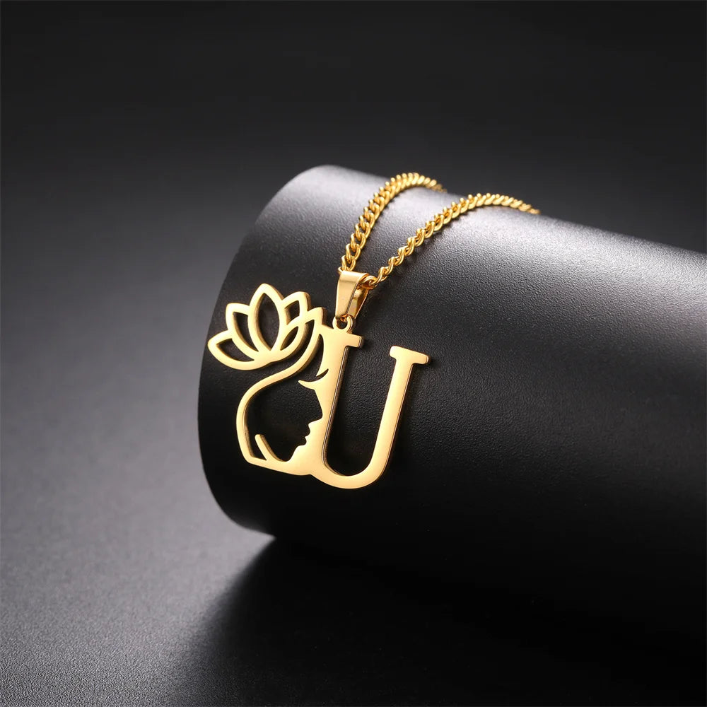 Lotus Flower Initial Letter Pendant, Personalized Stainless Steel Necklace