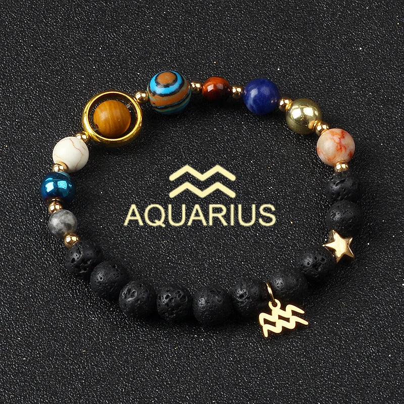 Eight Planets & Twelve Zodiac Beaded Bracelet, Natural Stone Cosmic Astrology Talisman