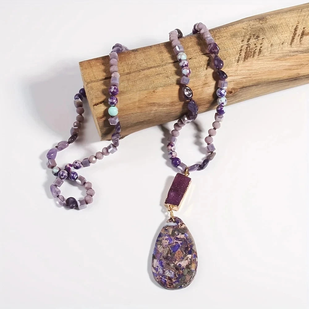 RH Fashion Bohemian Jewelry Natural Random Shape Stones With Druzy Links Semi Precious Pendant Necklaces For Women Boho Gift - Charlie Dolly