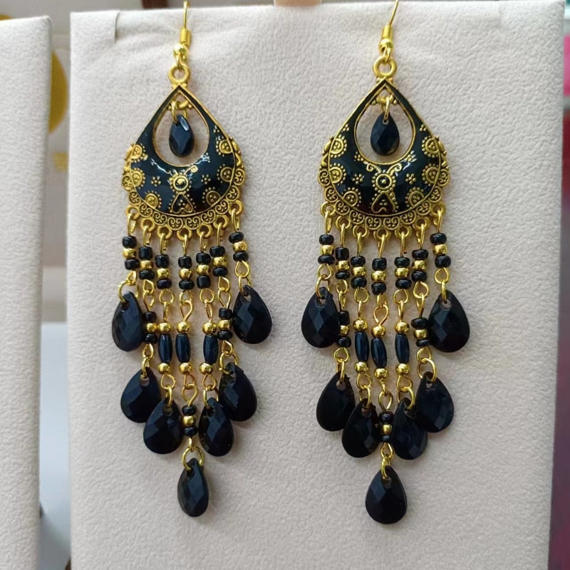 Vintage Bohemian Ethnic Style Earrings Long Rice Bead Tassel Earrings FOR WOMEN Alloy Dripping Oil Long Tassel Earrings - Charlie Dolly