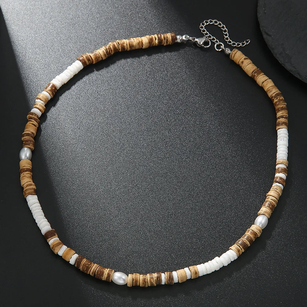 Coconut Shell, Turquoise and Wood Bead Boho Necklace for Men