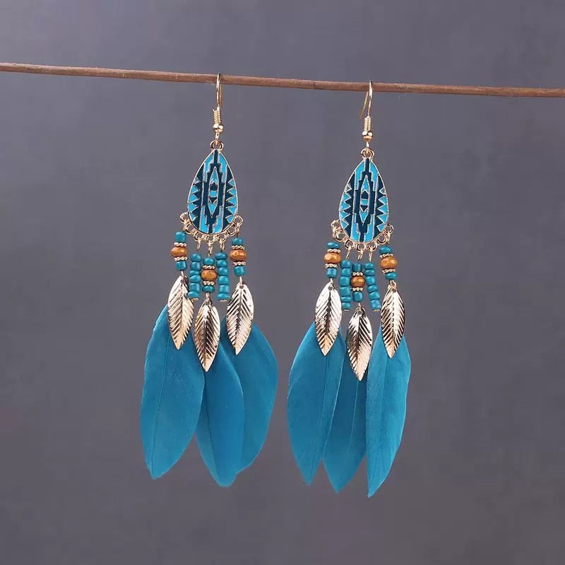 Boho Long Feather Dangle Women's Earrings Beach Long Tassel Beads Handmade Flower Enamel Earrings Bride Wedding Pendientes Mujer
