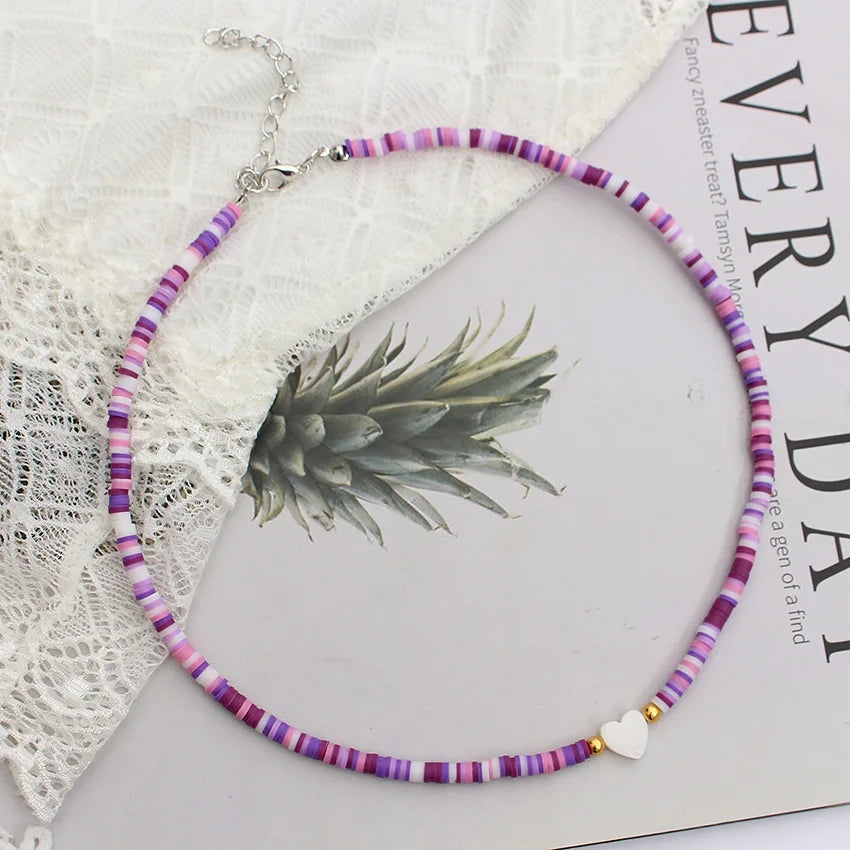 Polymer Clay Heart and Natural Shell Bead Boho Choker