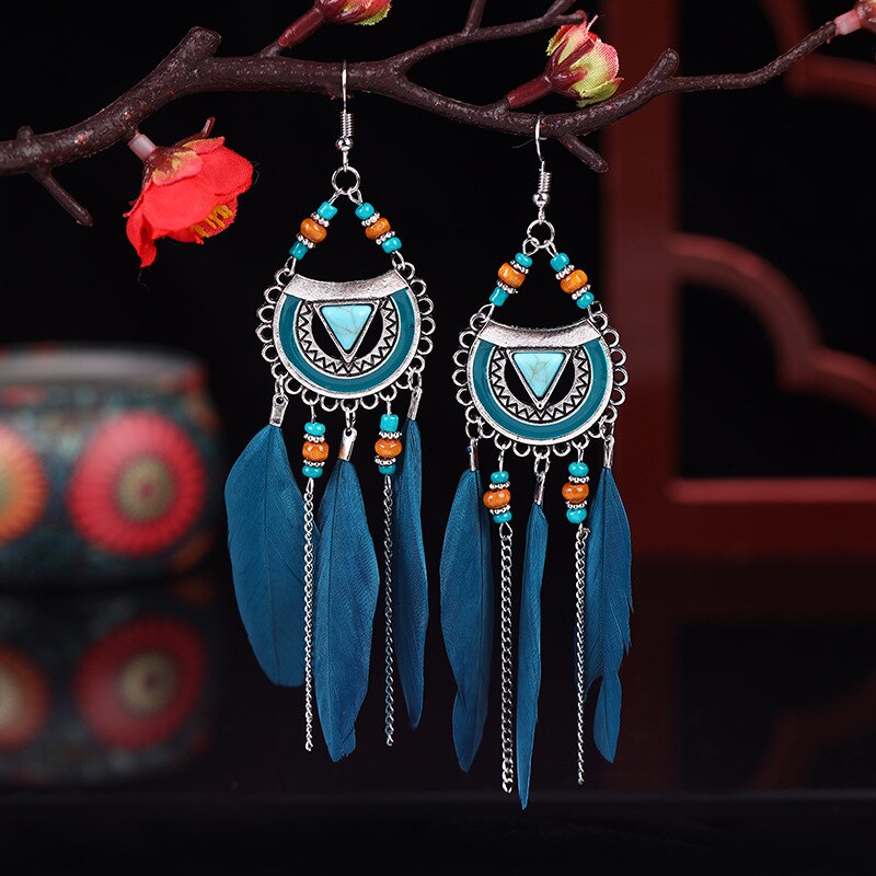 Vintage Bohemian Long Tassel Chain Feather Earrings For Women Boho Geometric Triangle Blue Stone Bead Handmade Wedding Earrings