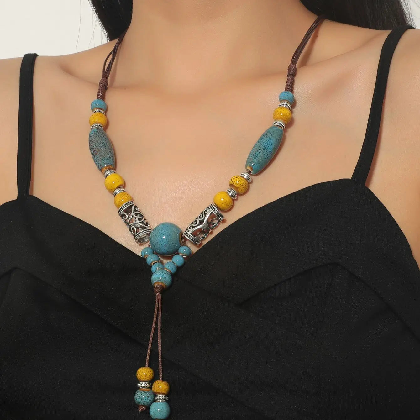 Simple Ceramic Bead Tassel Long Necklace Jewelry