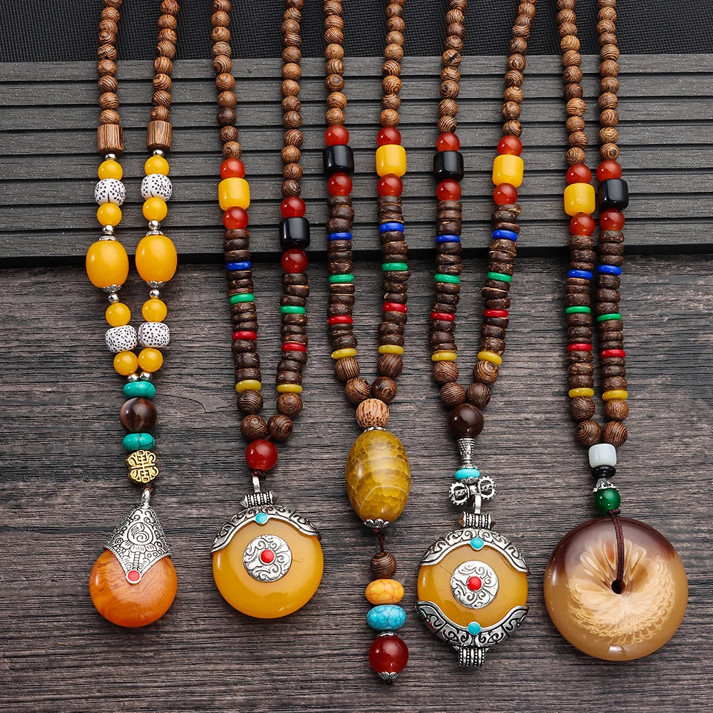 Nepal Wood Bead Mala Pendant Necklace Jewelry