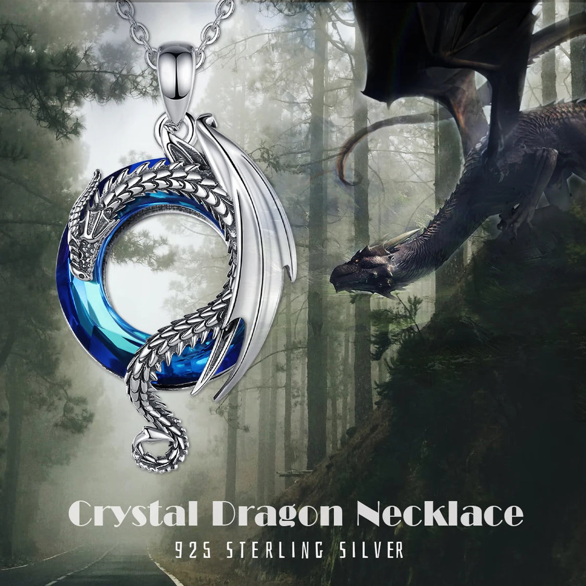 Dragon Amulet Necklace with Austrian Crystal, S925 Sterling Silver