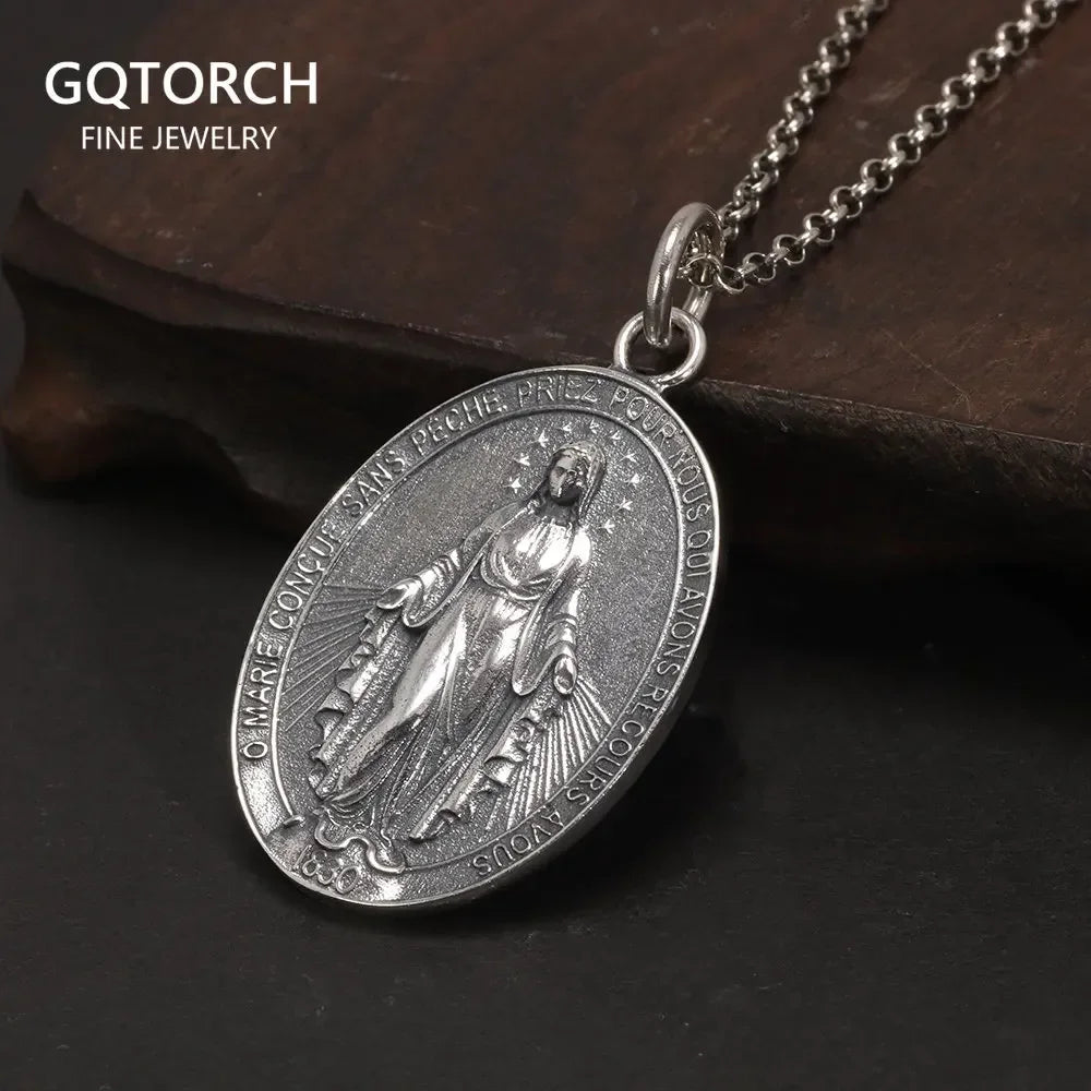 Virgin Mary Oval Cross Pendant, S925 Sterling Silver