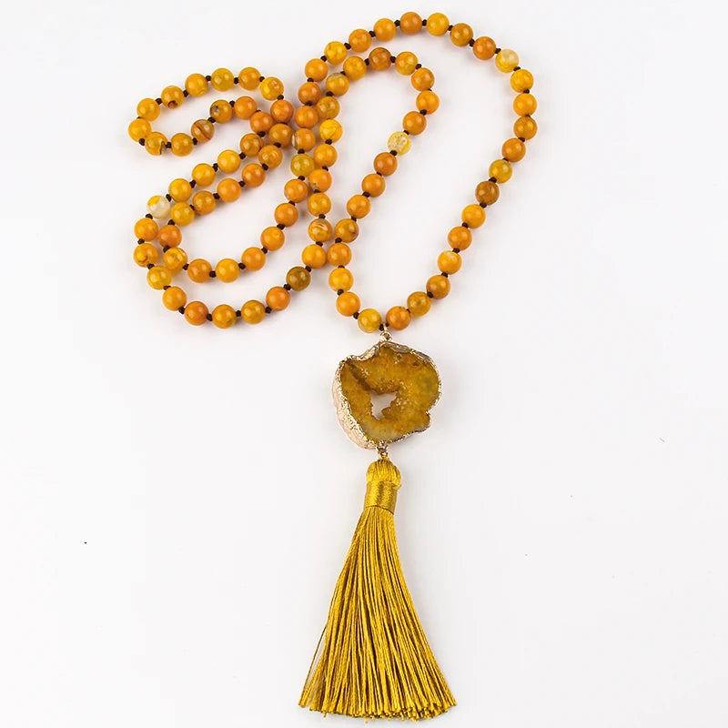 Knotted Druzy Stone Tassel Necklace Jewelry