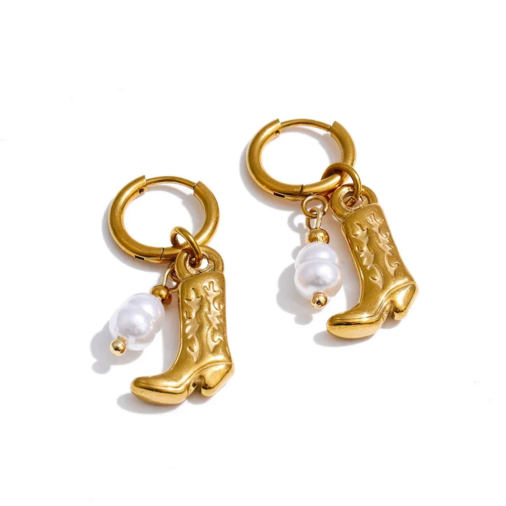 Natural Tiger Stone Boot Charm Drop Hoop Earrings, Stainless Steel Vintage Jewelry