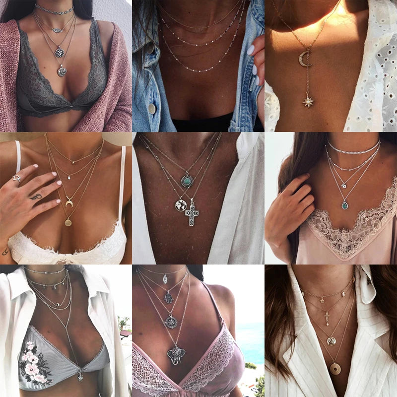 Moon Cross Tree Star Layered Choker Necklace Jewelry