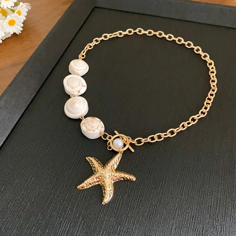 Irregular Shell, Starfish and Pearl Tassel Necklace and Earring Set