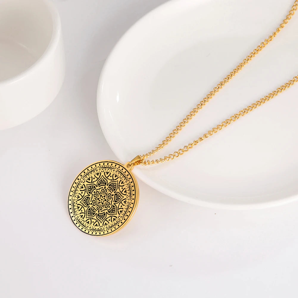 Lotus Chakra Mandala Pendant Necklace, Stainless Steel Buddhist Hindu Meditation Amulet