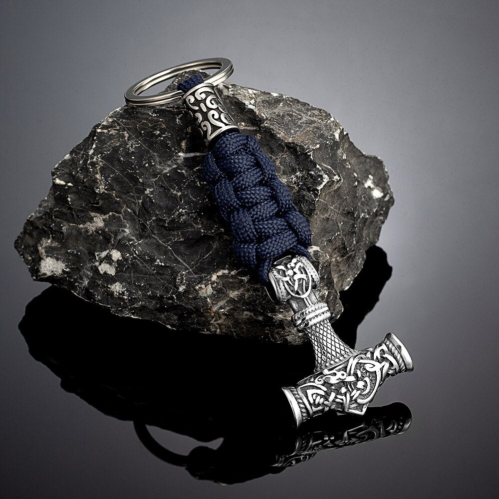 Norse Thor's Hammer Vikings Keychain Men Charm Braided Lanyard Stainless Steel Keyring Valknut Rune Handmade Retro Jewelry