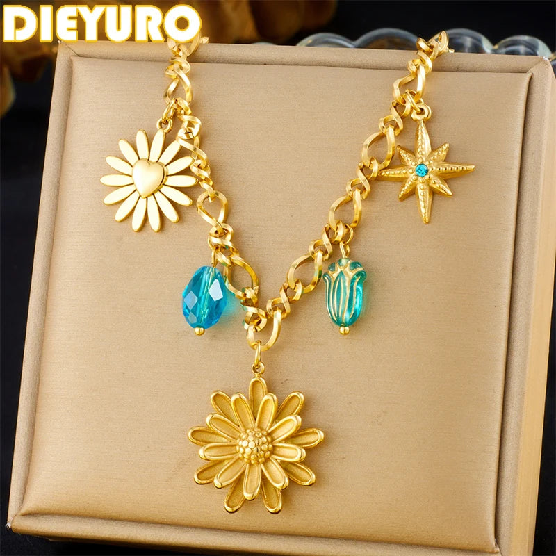 Gold Lotus Flower & Butterfly Pendant Necklace, Stainless Steel Boho Transformation Talisman