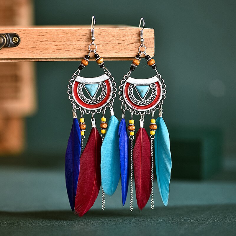 Vintage Bohemian Long Tassel Chain Feather Earrings For Women Boho Geometric Triangle Blue Stone Bead Handmade Wedding Earrings