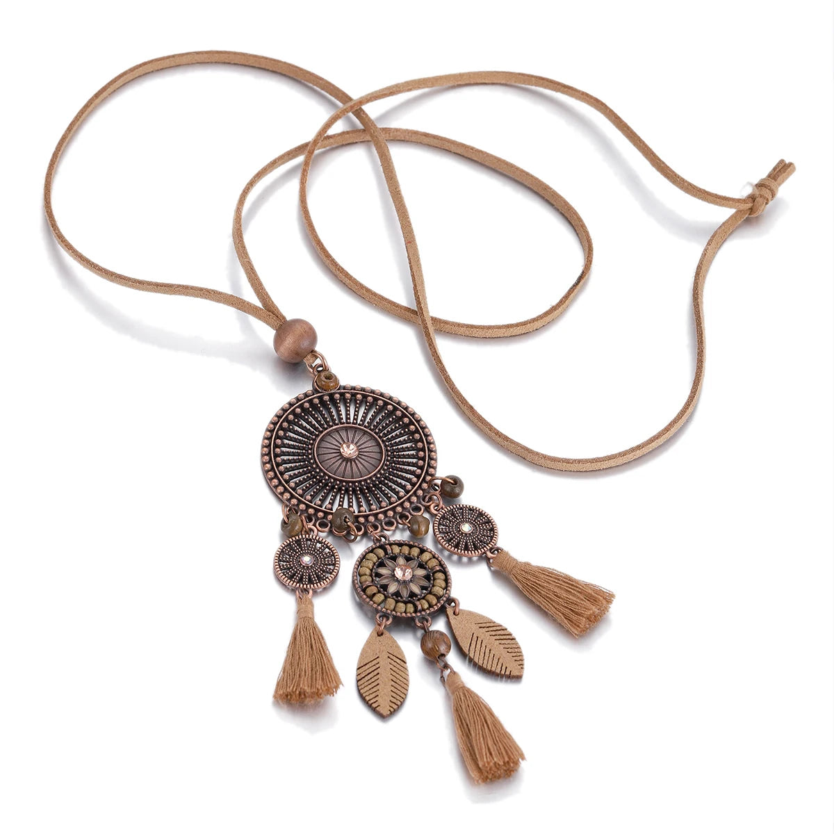 Wood Flower Bead Leaf Tassel Long Necklace Jewelry