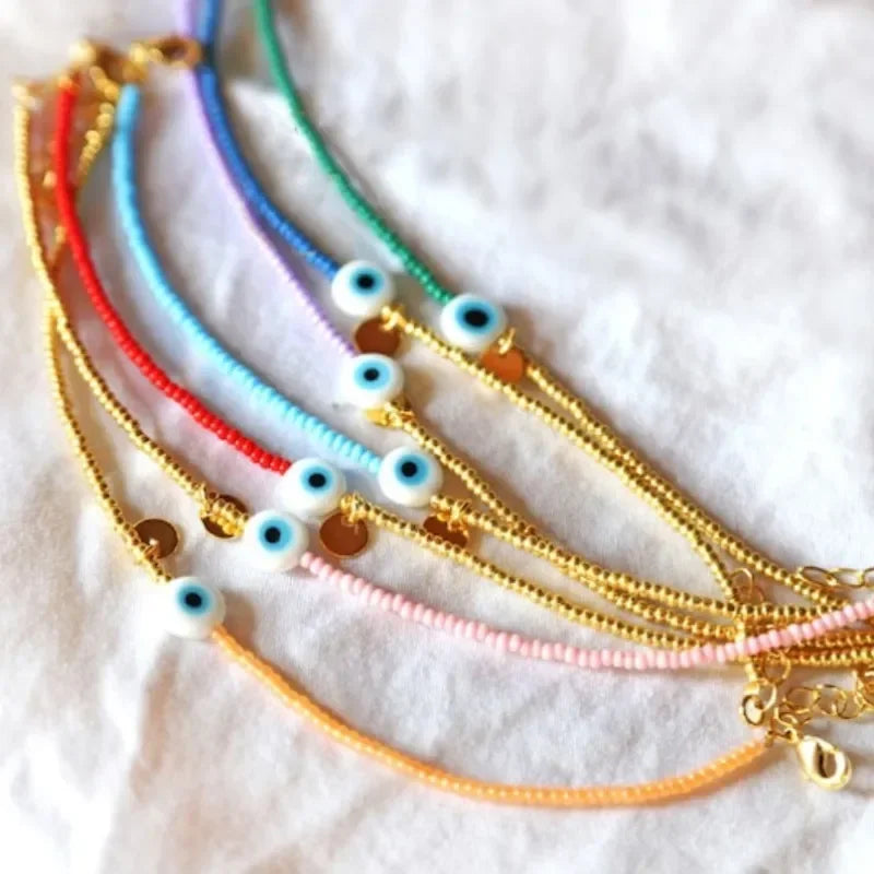 18K Gold Evil Eye Miyuki Bead Stackable Bracelet, Boho Protection Amulet