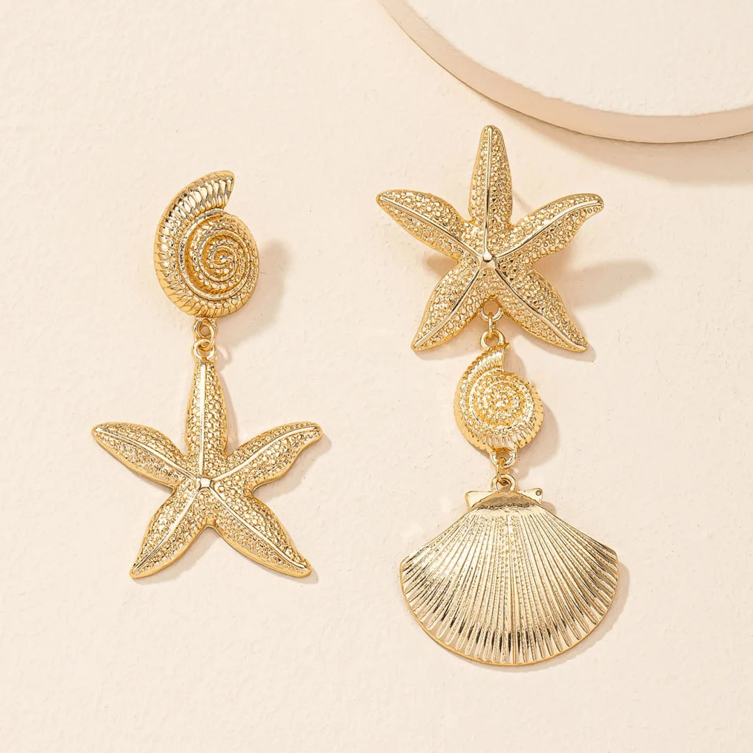 Asymmetric Starfish and Shell Metal Star Earrings