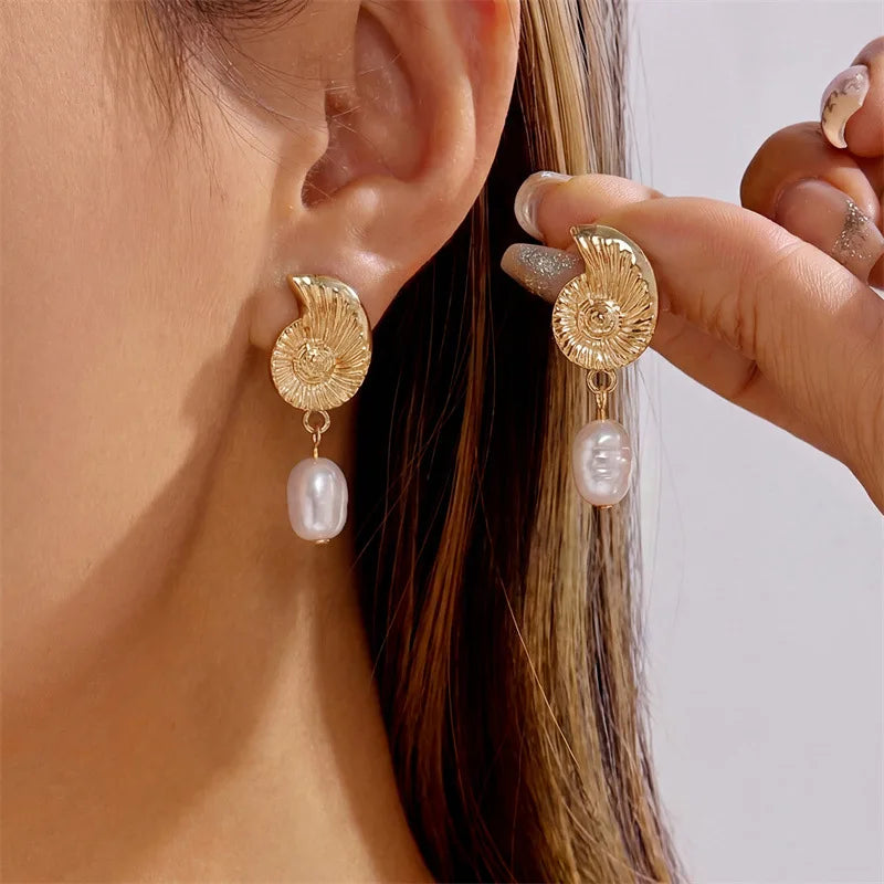 Boho Starfish, Conch and Scallop Pearl Pendant Earrings
