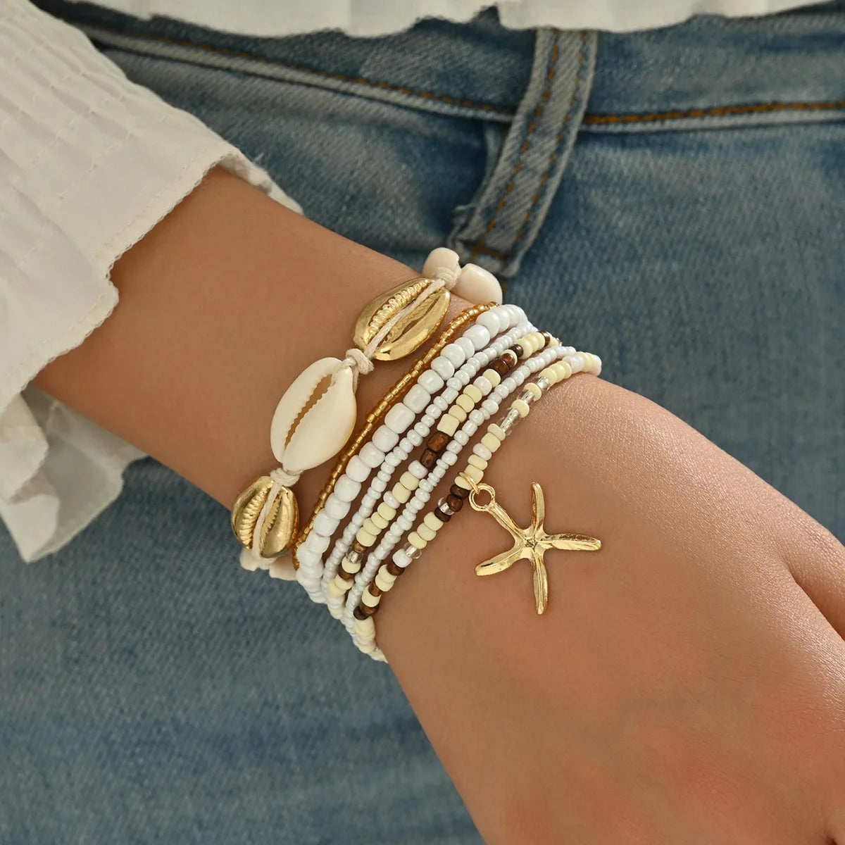 Shell, Starfish and Beaded Woven Bohemian Bracelet Set (7 Pieces)