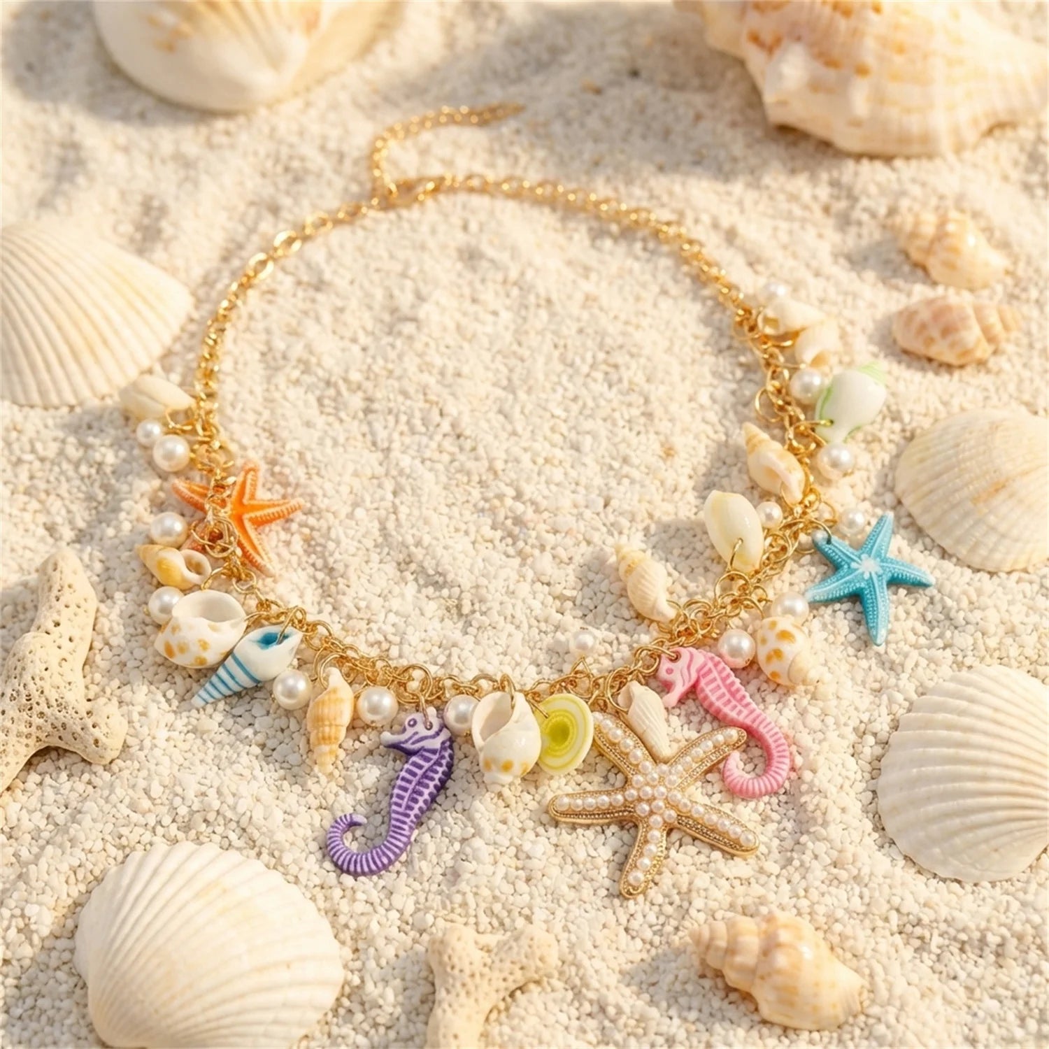 Starfish, Conch and Seahorse Exaggerated Chain Choker