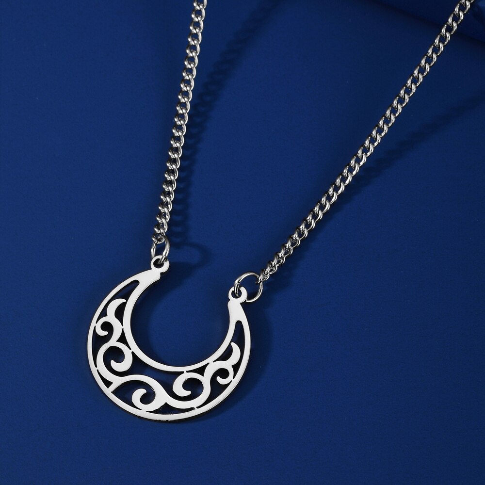 Hollow Flower Filigree Crescent Pendant Necklaces Personality Moon Women Necklace Cut Out Golden Stainless Steel Jewelry