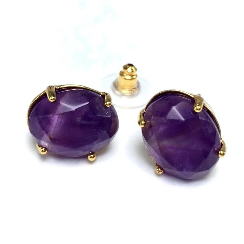 Oval Shape Stud Earrings golden Color Natural Stone Faceted Pink Quartz Crystal Agate lapis lazuli Healing Jewelry Female - Charlie Dolly