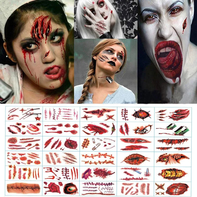 Halloween Temporary Tattoo Sticker Waterproof 3D Bite Mark Zombie Acars Wound Tattoo Sticker Halloween Party Cosplay Makeup Prop - Charlie Dolly