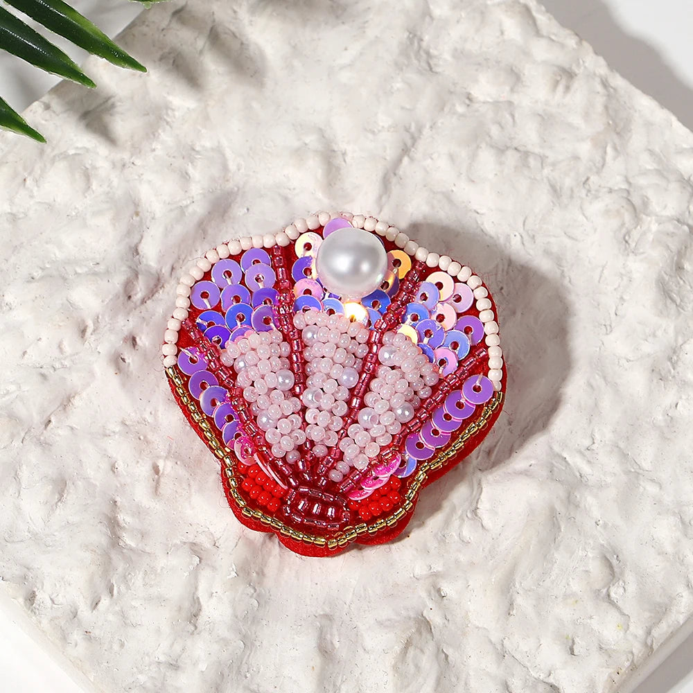 Boho Colorful Starfish, Lobster and Shell Beaded Brooch Pin