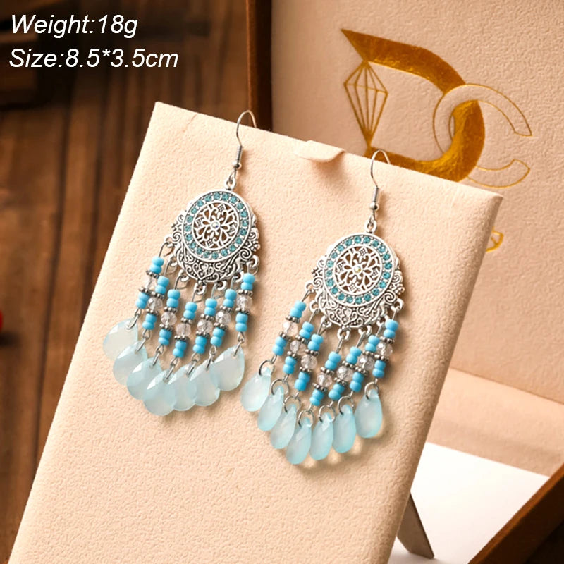 Blue Enamel Feather Crystal Long Earrings Jewelry