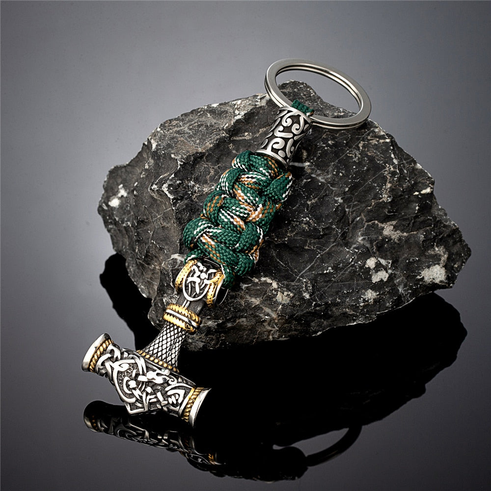 Norse Thor's Hammer Vikings Keychain Men Charm Braided Lanyard Stainless Steel Keyring Valknut Rune Handmade Retro Jewelry
