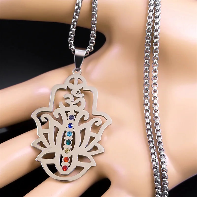 Seven Chakra Om Lotus Flower Pendant Necklace, Stainless Steel Yoga Healing Amulet