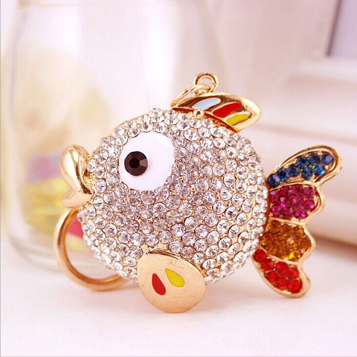 High-end zodiac little tiger car keychain female cute goldfish pendant metal key chain ring rhinestone gift