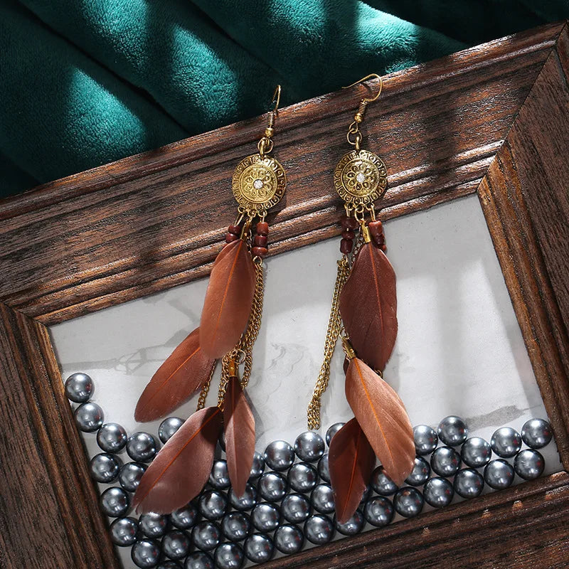 Feather Crystal Flower Bead Long Earrings Jewelry
