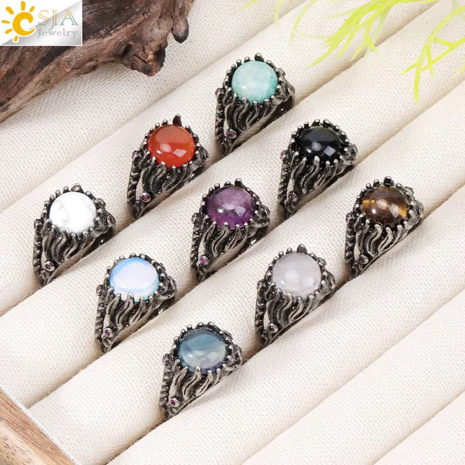 CSJA Vintage Silver Rings Natural Stone Amethyst Ring for Women Adjustable Design Handmade Fashion Jewelry Boho Accessories H765 - Charlie Dolly